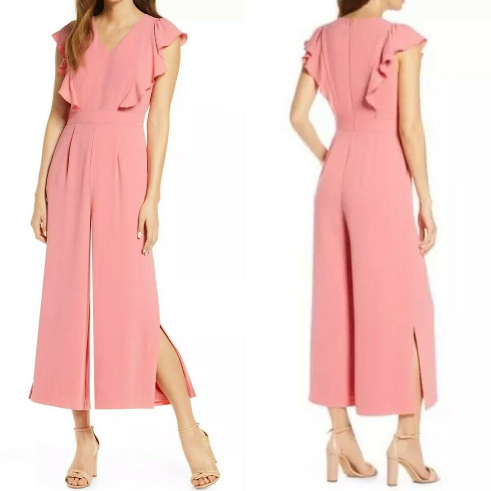 Rachel Parcell NWT Womens Ruffle Flutter Slv Jumpsuit Pink Sz XL V Neck Wide Leg